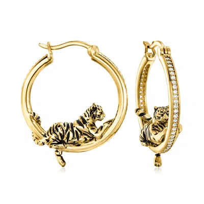 Ross-simons White Topaz And Black Enamel Tiger Hoop Earrings In 18kt Gold Over Sterling In Multi