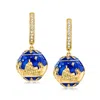 Ross-simons White Topaz And Blue Enamel Nativity Hoop Drop Earrings In 18kt Gold Over Sterling In Blue