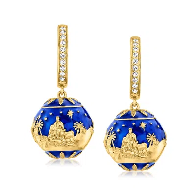 Ross-simons White Topaz And Blue Enamel Nativity Hoop Drop Earrings In 18kt Gold Over Sterling