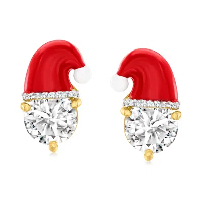 Ross-simons White Topaz And Red Enamel Santa Hat Earrings In 18kt Gold Over Sterling