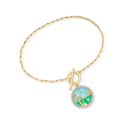 Ross-simons White Topaz Beach Charm Toggle Bracelet With Multicolored Enamel And Single Swiss Blue Topaz In 18kt