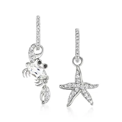 Ross-simons White Topaz Starfish And Crab Mismatched Drop Earrings With Black Spinel Accents In Sterling Silver