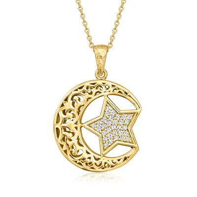 Ross-simons White Zircon Moon And Star Pendant Necklace In 18kt Gold Over Sterling In Multi
