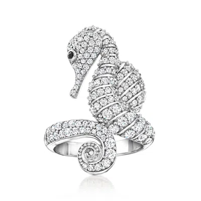 Ross-simons White Zircon Seahorse Ring With Single Black Spinel In Sterling Silver