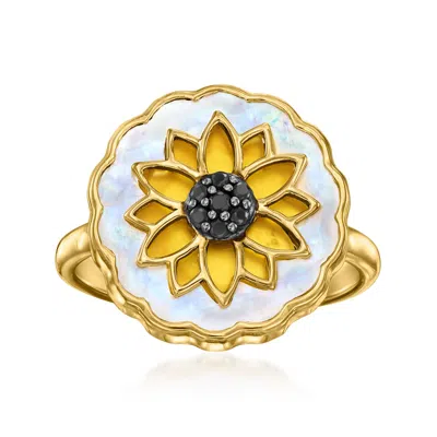 Ross-simons Yellow Chalcedony, Mother-of-pearl And Black Spinel Flower Ring In 18kt Gold Over Sterling