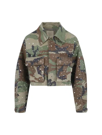 Rossano Prini Camouflage Crop Jacket In Brown And Green Cotton In Multi