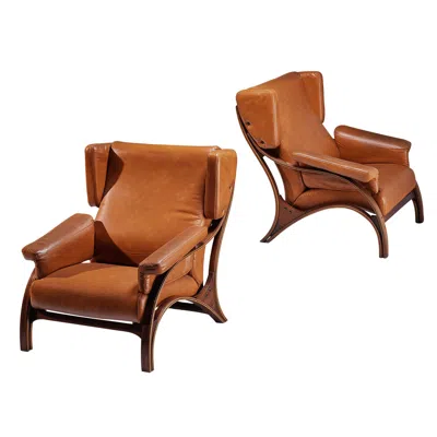 Pre-owned Rossi Di Albizzate Giampiero Vitelli For  Pair Of 'minore' Easy Chairs In Leather In Brown