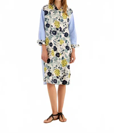 Rosso35 Printed Silk Shirt Dress With Popeline Sleeves In Navy In Blue