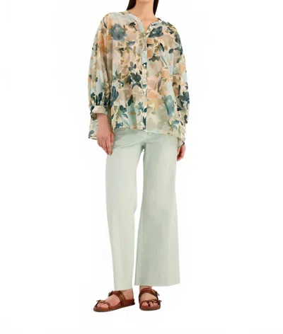 Rosso35 V-neck Puffed Sleeve Shirt In Teal Olive In Green