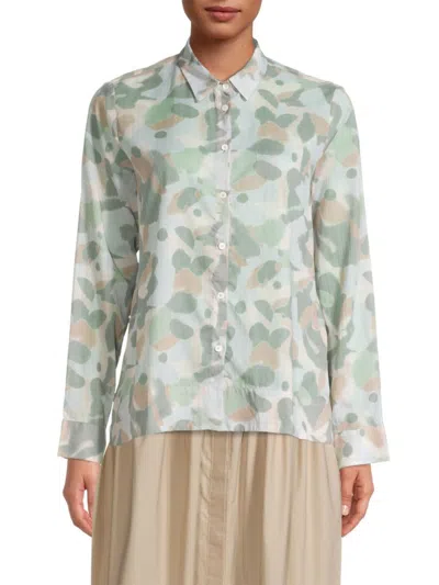 Rosso35 Women's Printed Cotton Voile Shirt In Green Multicolor