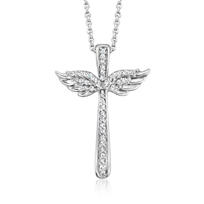 Ross-simons .10 Ct. T.w. Diamond Winged Cross Pendant Necklace In Sterling Silver