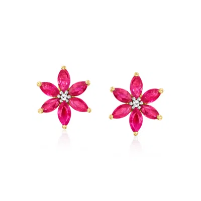Ross-simons 1.00 Ct. T.w. Marquise Ruby Flower Earrings With Diamonds In 14kt Yellow Gold In Pink