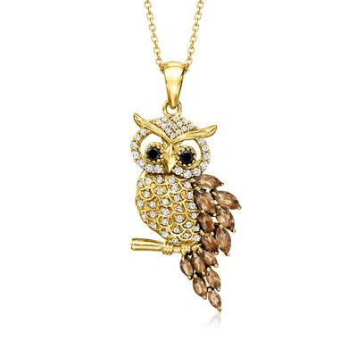 Ross-simons 1.00 Ct. T.w. Smoky Quartz, .50 Ct. T.w. White Zircon And .10 Ct. T.w. Black Spinel Owl Pendant Neck In Gold