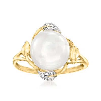 Ross-simons 10-10.5mm Cultured Pearl Leaf Ring With Diamond Accents In 14kt Yellow Gold In Multi