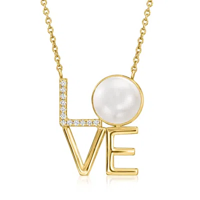 Ross-simons 11-11.5mm Cultured Pearl And .18 Ct. T.w. Diamond "love" Necklace In 18kt Gold Over Sterling