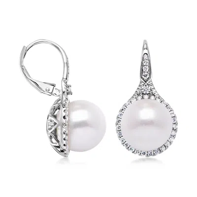 Ross-simons 11-11.5mm Cultured Pearl And .67 Ct. T.w. Diamond Drop Earrings In 14kt White Gold In Neutral