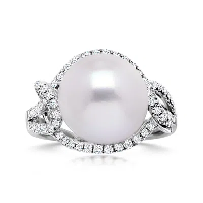 Ross-simons 11-12mm Cultured Pearl Ring With .45 Ct. T.w. Diamonds In 14kt White Gold In Orange
