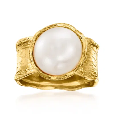 Ross-simons 11.5-12mm Cultured Button Pearl Ring In 18kt Yellow Gold Over Sterling In Silver