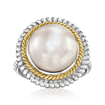 Ross-simons 12-12.5mm Cultured Pearl Roped-edge Ring In Sterling Silver And 14kt Yellow Gold In Transparent