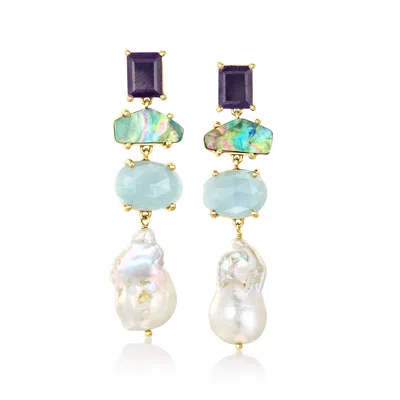 Ross-simons 12-13mm Cultured Pearl, Aquamarine And Sapphire Drop Earrings With Black Abalone Shell In 18kt Gold 