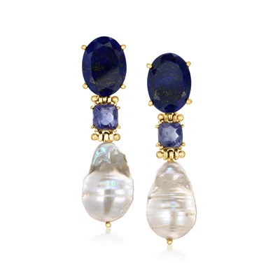 Ross-simons 14-16mm Cultured Baroque Pearl And 3.60 Ct. T.w. Iolite Drop Earrings With Lapis In 18kt Gold Over S In Blue