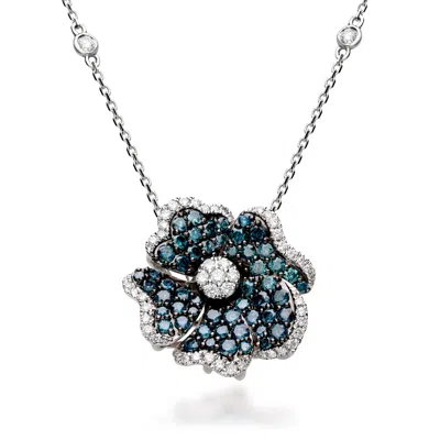 Ross-simons 1.45 Ct. T.w. Blue And White Diamond Flower Pendant Necklace In 14kt White Gold In Metallic