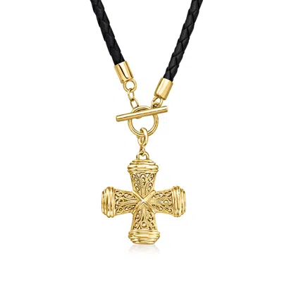 Ross-simons 14kt Yellow Gold-plated Filigree Cross Charm Necklace With Black Leather Cord