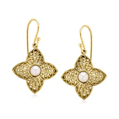 Ross-simons 14kt Yellow Gold-plated Floral Filigree Drop Earrings With 4mm Cultured Pearls