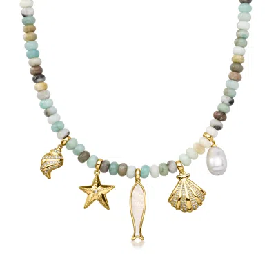 Ross-simons 14kt Yellow Gold-plated Sea Life Bead Necklace With Natural And Simulated Gemstones In Silver