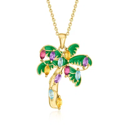 Ross-simons 1.60 Ct. T.w. Multi-gemstone And Green Enamel Christmas Palm Tree Pendant Necklace In 18kt Gold Over