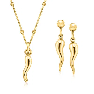 Ross-simons 18kt Gold Over Sterling Jewelry Set: Italian Horn Drop Earrings And Necklace