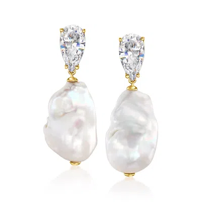 Ross-simons 18kt Yellow Gold-plated Drop Earrings With 4.00 Ct. T.w. Czs And 13-14mm Cultured Baroque Pearls In White
