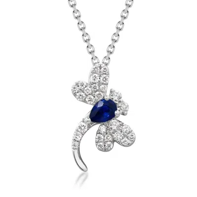 Ross-simons .20 Carat Sapphire Dragonfly Pendant Necklace With .18 Ct. T.w. Diamonds In 14kt White Gold In Metallic