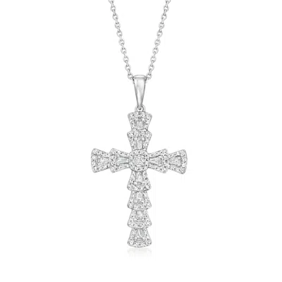 Ross-simons .25 Ct. T.w. Diamond Flared Cross Pendant Necklace In 14kt White Gold In Silver