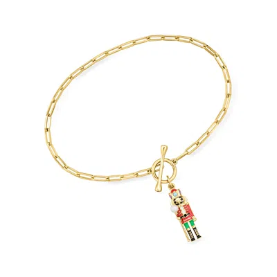 Ross-simons 2.5-3mm Cultured Pearl And .13 Ct. T.w. Multi-gemstone Nutcracker Charm Paper Clip Link Bracelet In  In Yellow