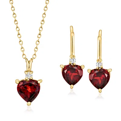 Ross-simons 2.60 Ct. T.w. Garnet And .10 Ct. T.w. White Zircon Jewelry Set: Heart Drop Earrings And Pendant Neck In Gold