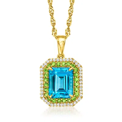 Ross-simons 2.70 Carat Swiss Blue Topaz And .30 Ct. T.w. Chrome Diopside Pendant Necklace With .20 Ct. T.w. Whit In Gold