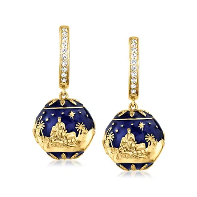 Ross-simons .30 Ct. T.w. White Topaz And Blue Enamel Nativity Hoop Drop Earrings In 18kt Gold Over Sterling In Yellow