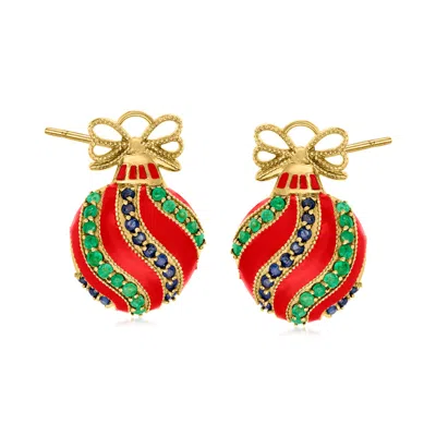Ross-simons 3.00 Ct. T.w. Emerald, 2.40 Ct. T.w. Sapphire And Red Enamel Ornament Earrings In 18kt Gold Over Ste In Transparent