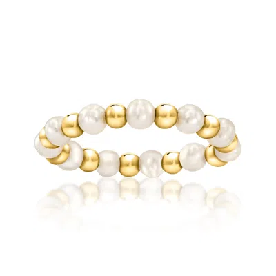 Ross-simons 3-3.5mm Cultured Pearl And 14kt Yellow Gold Bead Stretch Ring In White