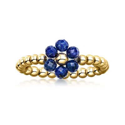 Ross-simons 3-3.5mm Lapis Bead Flower Stretch Ring In 14kt Yellow Gold