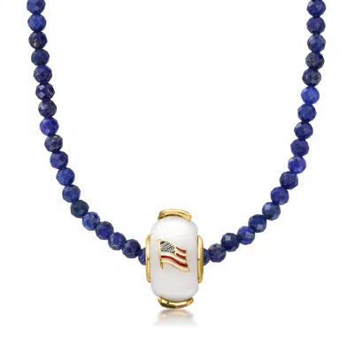Ross-simons 3-3.5mm Lapis Bead Necklace With White Jade And Multicolored Enamel American Flag Bead Charm In 18kt In Blue