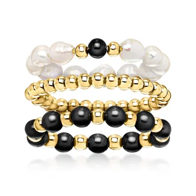 Ross-simons 3-4mm Cultured Pearl And 3-3.5mm Onyx Bead Jewelry Set: Three Stretch Rings With 10kt Yellow Gold