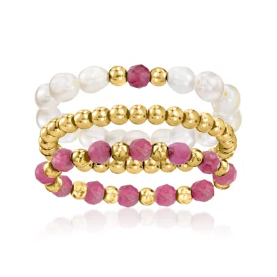 Ross-simons 3-4mm Cultured Pearl And 3-3.5mm Pink Tourmaline Bead Jewelry Set: 3 Stretch Rings With 10kt Yellow  In Multi