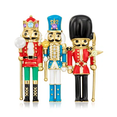 Ross-simons 3.5-4mm Cultured Pearl, .38 Ct. T.w. Multi-gemstone And Multicolored Enamel Nutcracker Pin In 18kt G