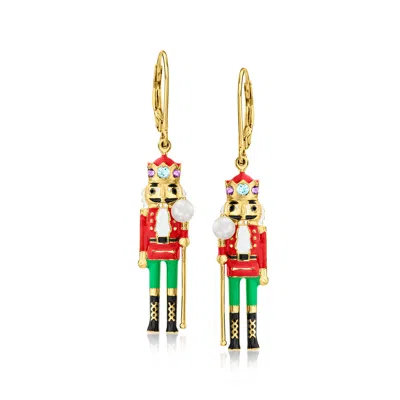 Ross-simons 3.5-4mm Cultured Pearl And .23 Ct. T.w. Multi-gemstone Nutcracker Drop Earrings With Multicolored En In White