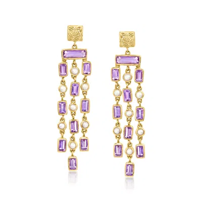 Ross-simons 3mm Cultured Pearl And Amethyst Chandelier Earrings In 18kt Gold Over Sterling