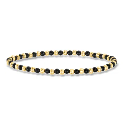 Ross-simons 3mm Onyx And 10kt Yellow Gold Bead Stretch Bracelet In Black