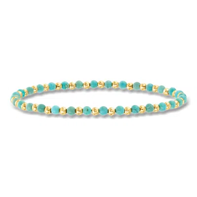 Ross-simons 3mm Turquoise And 10kt Yellow Gold Bead Stretch Bracelet In Blue