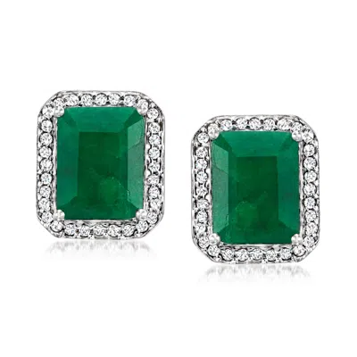 Ross-simons 4.00 Ct. T.w. Emerald And .33 Ct. T.w. Diamond Earrings In Sterling Silver In Green
